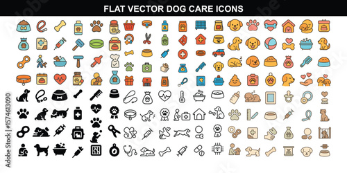  Flat Vector Dog Care Icons – Grooming, Feeding, Vet, Training, Toys, Walking, Medical, Bathing, Accessories, Behavior – Clean Minimal Style for Apps & Infographics