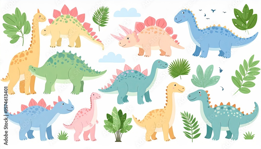 Fototapeta premium Cute dinosaurs and plants (1)