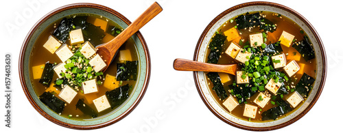 Top View of Miso Soup with Wooden Spoon Resting Across the Bowl, isolated on transparent background PNG