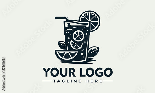 A stylized monochrome logo featuring a glass of citrus drink with a straw and fruit slices.