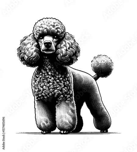 Elegant Poodle Standing Tall with Detailed Fur in Black and White Engraving Style Art