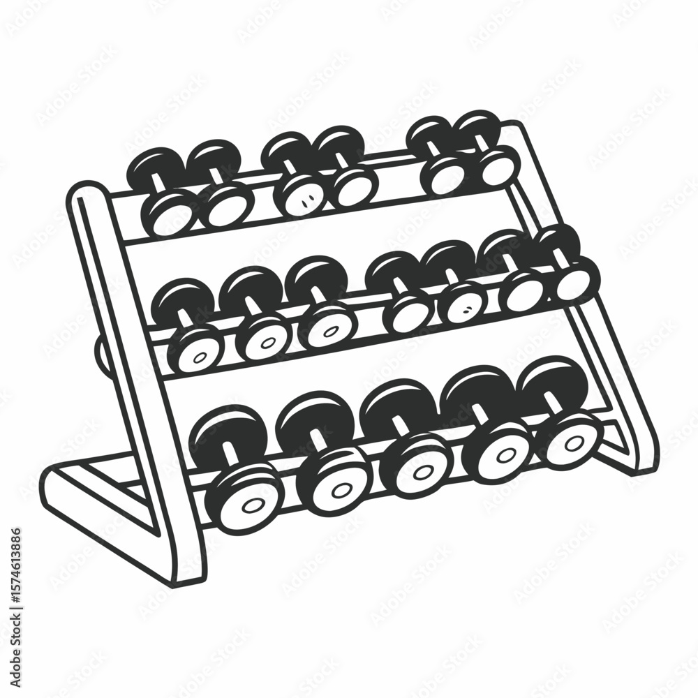 Naklejka premium Dumbbell rack with multiple weights gym equipment dumbbells