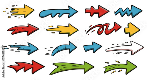 Collection of Colorful HandDrawn Arrows with Black Outlines Pointing Right.