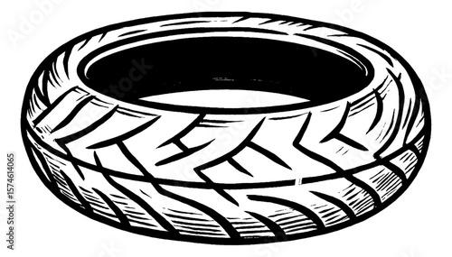 Black and white illustration of tire with tread pattern in detailed outline drawing style