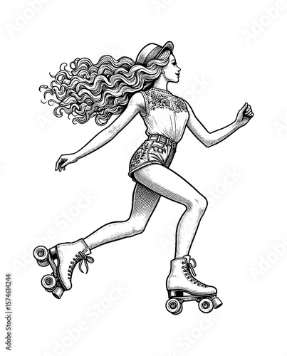 Woman Skating on Roller Skates in Vintage Engrave Style with Detailed Black and White