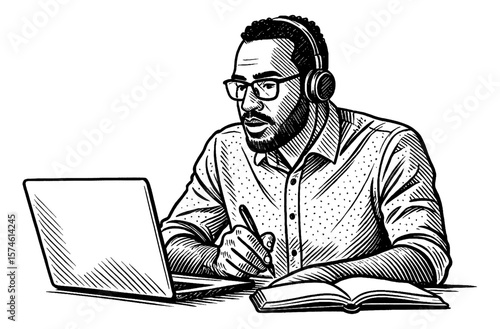 African American man with headphones working on a laptop and writing with a pen in engrave style