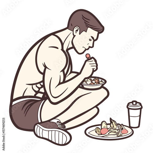 Muscular man eating healthy food after workout bodybuilder meal