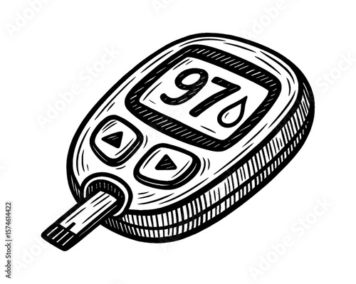 Black and White Illustration of a Glucometer Device for Blood Sugar Test