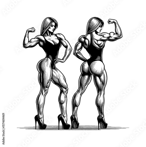 Two Caucasian Female Bodybuilders Posing with Flexed Biceps in Black and White Engraving Style