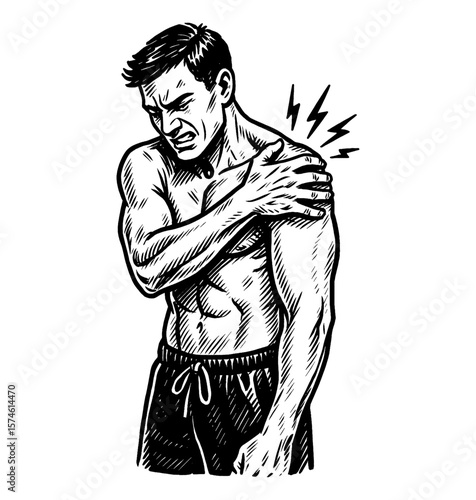 Man Suffering from Shoulder Pain with Hand on Shoulder in Black and White Illustration