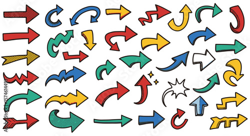 Colorful HandDrawn Arrow Collection with Various Styles and Directions Cartoonish Design.