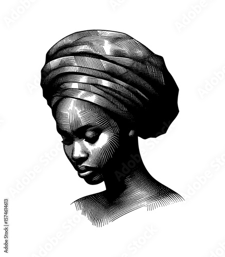 Engraved Portrait of a Contemplative African Woman with Traditional Headwrap in Black and White
