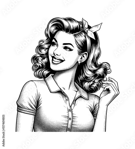 Smiling Retro Pinup Woman with Wavy Hair and Headband in Black and White Illustration