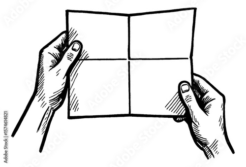 Hands holding a folded paper with four sections, hand drawn sketch style illustration