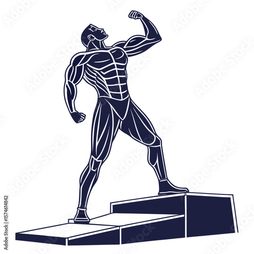 Muscular man flexing on podium bodybuilding athlete