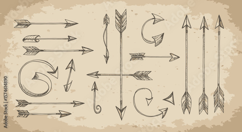 HandDrawn Arrow Collection Vintage Style Arrows and Circular Arrows on Parchment.