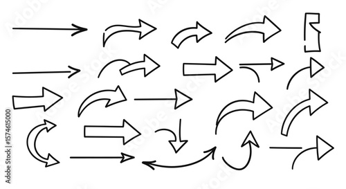 HandDrawn Arrow Set Directional Curved and Straight Black Line Icons.