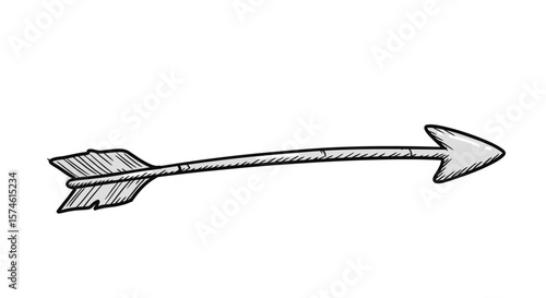 Handdrawn gray arrow with black outline fletching shaft and arrowhead pointing right.