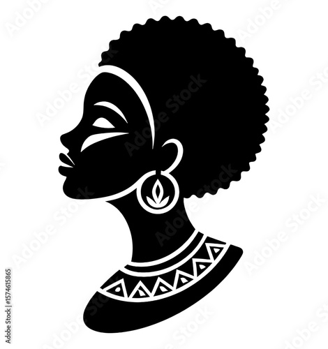 Silhouette Profile Portrait of African Woman with Afro Hairdo in Black and White