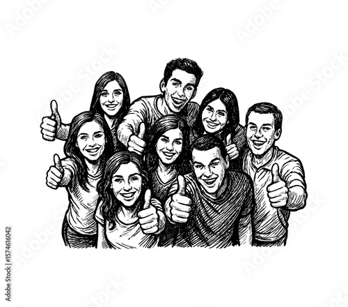 Group of Diverse People Smiling and Giving Thumbs Up in Black and White Illustration