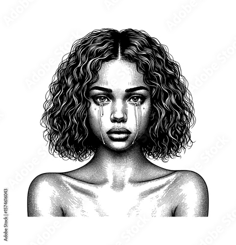Engraved Portrait of a Sad African American Woman Crying with Tears in Black and White