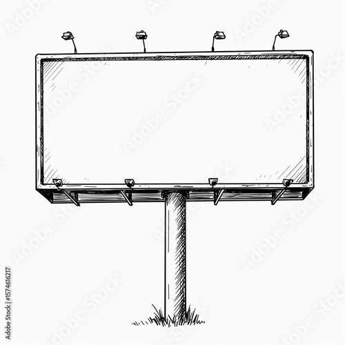 Vintage ink sketch of advertising billboard with empty screen mockup on white background
