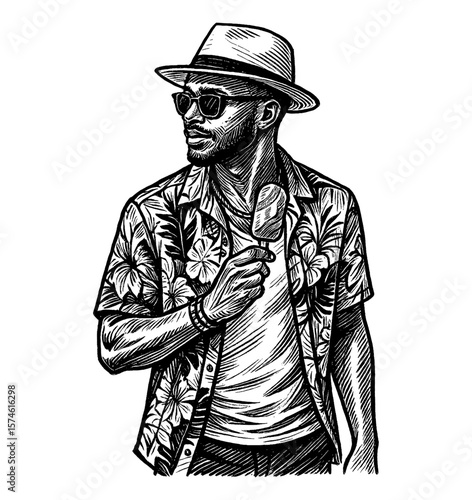 African American Man in Hat and Sunglasses Holding Ice Cream Cone Line Art