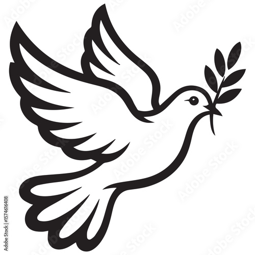 A stylized black and white graphic illustration of a dove carrying an olive branch in its beak symbolizing peace and hope