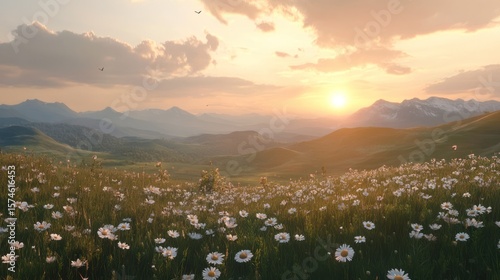 Sunset illuminates field of flowers with mountains. Nature scenic landscape for calm backgrounds