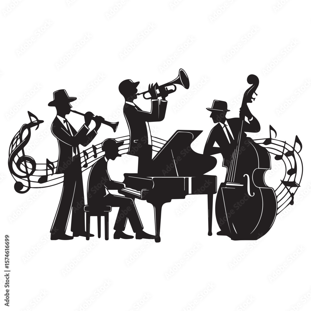 Fototapeta premium Silhouette of a jazz quartet playing instruments with musical notes and treble clef on a white background