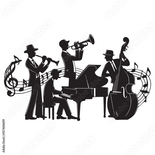 Silhouette of a jazz quartet playing instruments with musical notes and treble clef on a white background