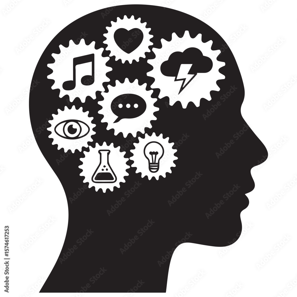 Silhouette of a human head filled with interlocking gears representing different aspects of thought and creativity Silhouette of a human head filled with interlocking gears representing different aspects of thought and creativity
