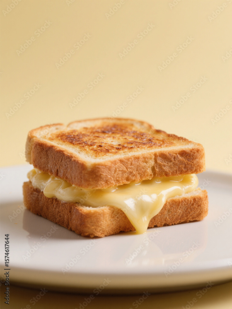 Golden-brown grilled cheese sandwich with gooey melted cheese on a white plate, set against a soft yellow background. Golden-brown grilled cheese sandwich with gooey melted cheese on a white plate, set against a soft yellow background.