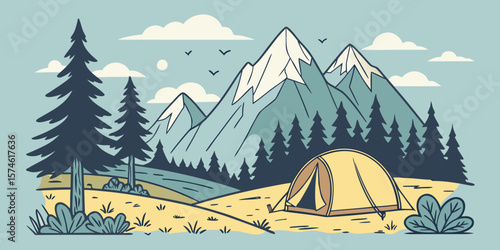 Summer camp concept. Camping landscape. Sunny day landscape illustration in flat style with tent, mountains and forest. Banner or poster for summer camp, nature tourism, camping, hiking, trek
