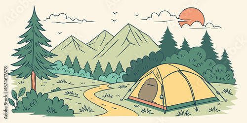 Summer camp concept. Camping landscape. Sunny day landscape illustration in flat style with tent, mountains and forest. Banner or poster for summer camp, nature tourism, camping, hiking, trek