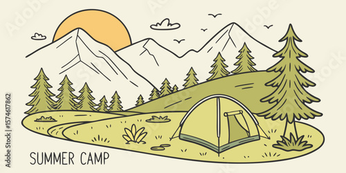 Summer camp concept. Camping landscape. Sunny day landscape illustration in flat style with tent, mountains and forest. Banner or poster for summer camp, nature tourism, camping, hiking, trek