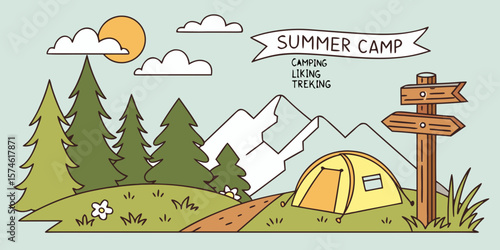 Summer camp concept. Camping landscape. Sunny day landscape illustration in flat style with tent, mountains and forest. Banner or poster for summer camp, nature tourism, camping, hiking, trek