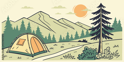 Summer camp concept. Camping landscape. Sunny day landscape illustration in flat style with tent, mountains and forest. Banner or poster for summer camp, nature tourism, camping, hiking, trek