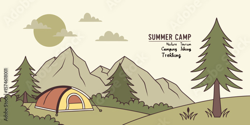 Summer camp concept. Camping landscape. Sunny day landscape illustration in flat style with tent, mountains and forest. Banner or poster for summer camp, nature tourism, camping, hiking, trek