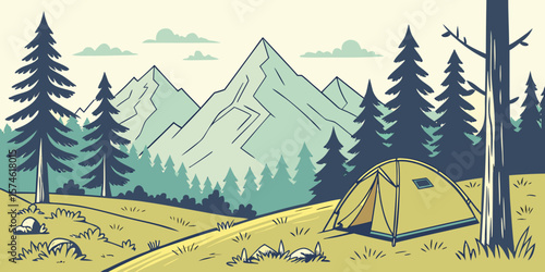Summer camp concept. Camping landscape. Sunny day landscape illustration in flat style with tent, mountains and forest. Banner or poster for summer camp, nature tourism, camping, hiking, trek