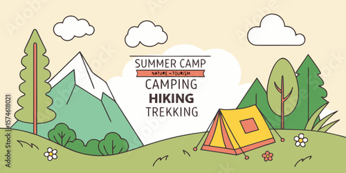 Summer camp concept. Camping landscape. Sunny day landscape illustration in flat style with tent, mountains and forest. Banner or poster for summer camp, nature tourism, camping, hiking, trek