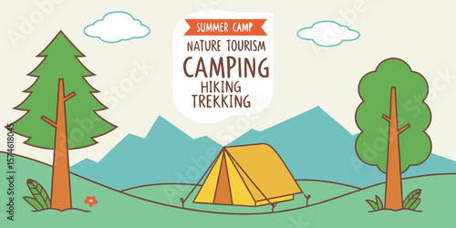 Summer camp concept. Camping landscape. Sunny day landscape illustration in flat style with tent, mountains and forest. Banner or poster for summer camp, nature tourism, camping, hiking, trek