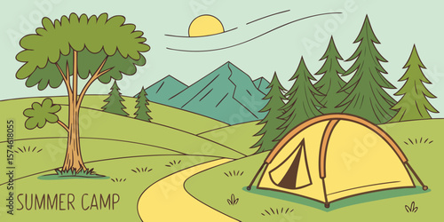 Summer camp concept. Camping landscape. Sunny day landscape illustration in flat style with tent, mountains and forest. Banner or poster for summer camp, nature tourism, camping, hiking, trek