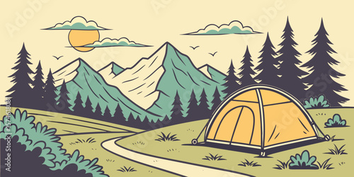 Summer camp concept. Camping landscape. Sunny day landscape illustration in flat style with tent, mountains and forest. Banner or poster for summer camp, nature tourism, camping, hiking, trek