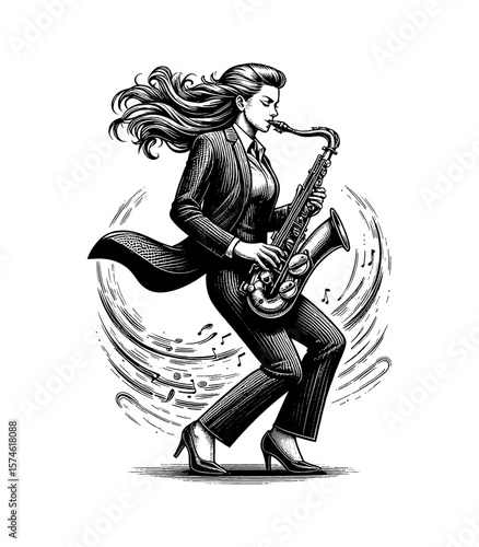 Stylish Woman in Suit Playing Saxophone with Musical Notes in Black and White Illustration