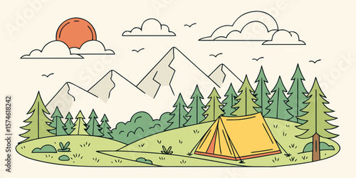 Summer camp concept. Camping landscape. Sunny day landscape illustration in flat style with tent, mountains and forest. Banner or poster for summer camp, nature tourism, camping, hiking, trek