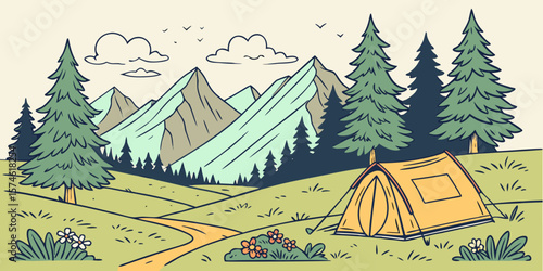 Summer camp concept. Camping landscape. Sunny day landscape illustration in flat style with tent, mountains and forest. Banner or poster for summer camp, nature tourism, camping, hiking, trek