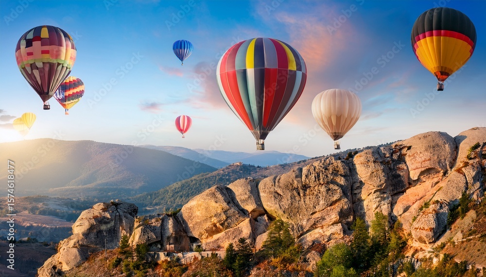 Obraz premium colorful hot air balloons flying over mountains rock landscape