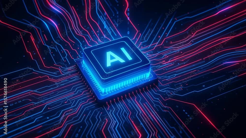 Futuristic ai chip illuminated with circuitry representing artificial intelligence technology