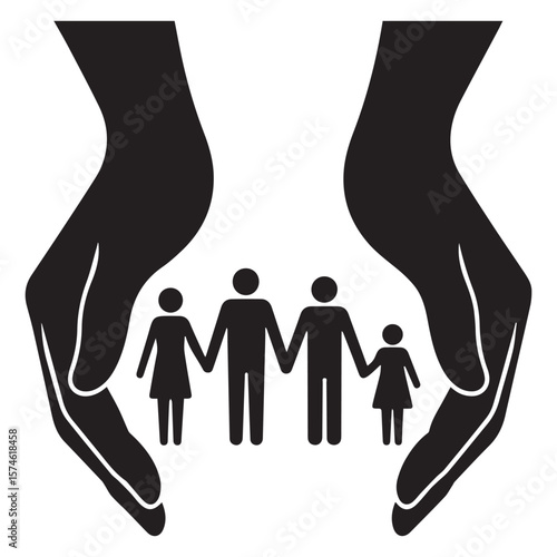 Stylized black silhouette of two cupped hands protecting a family of four holding hands